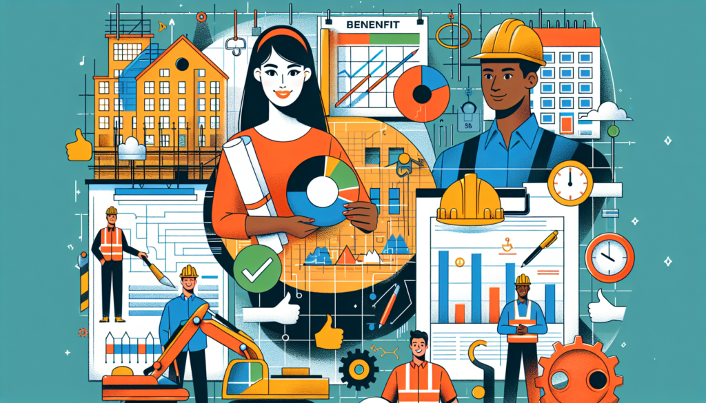 Create an illustration demonstrating the benefits of outsourcing construction project management. The image should be vibrant and modern. It should include various components of a construction project such as an architect's blueprints, machines, and workers. The workers may include: a Hispanic woman overseeing the operations, an Asian man analyzing the blueprints, and a Black man operating machinery. The benefits should be metaphorically represented, such as a pie-chart showing cost savings, a calendar indicating time efficiency, and thumbs-up symbols for quality and satisfaction.