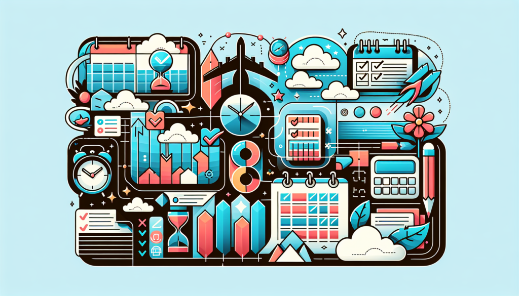 Create an illustration that vividly represents a time-effective project schedule. The image should incorporate modern aesthetics with vibrant colors. Include elements such as a calendar, checklists, hourglasses, and progress bars to visually express project management and time efficiency. Avoid any word descriptions or labels in the image.