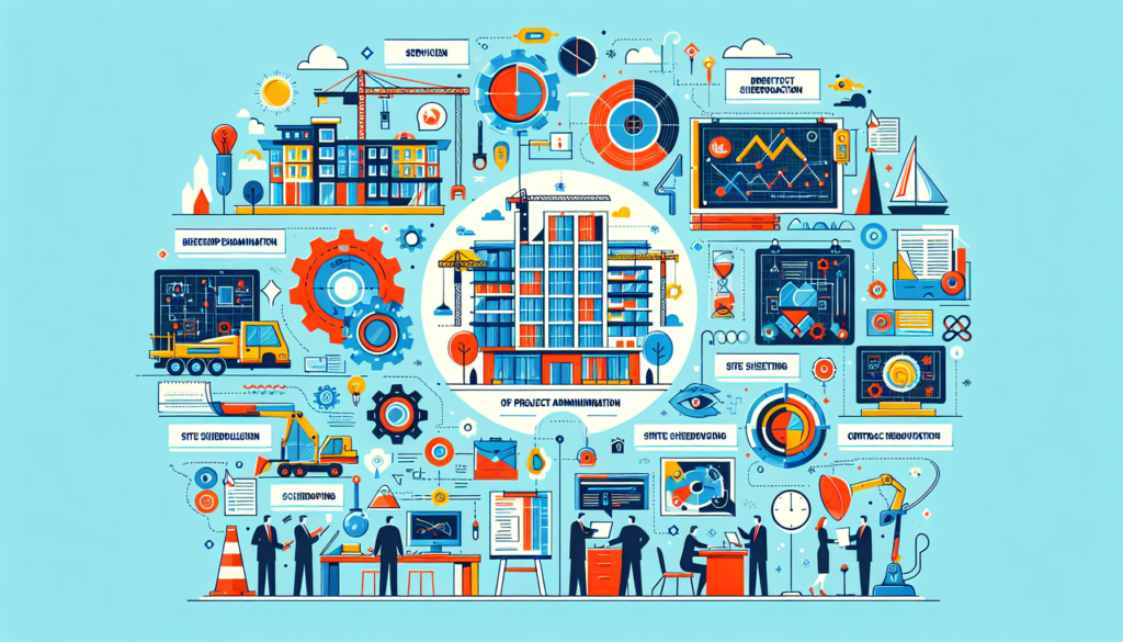 Create a visual guide demonstrating the services offered by a construction administrator. Showcase numerous elements such as blueprint examination, site supervision, project scheduling, and contract negotiation. This image should be colorful and modern in style, with the use of vivid colors and contemporary design cues. The guide will be designed in an informative and professional manner, accessible to all audiences. Remember, the image is to show these services only through detailed illustrations, with no text or words used.